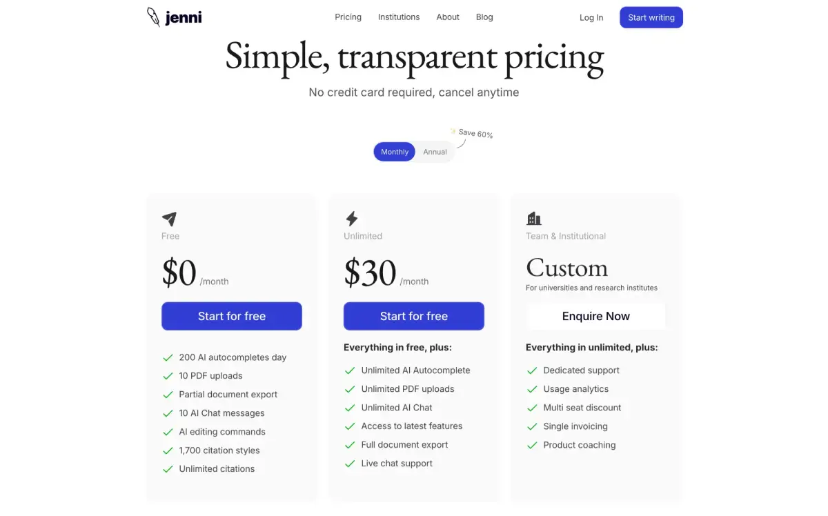 Jenni AI Pricing, Plans & Accessibility