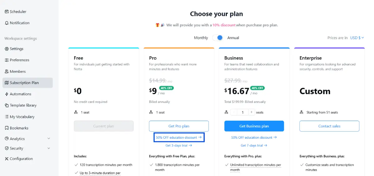 Notta AI Pricing