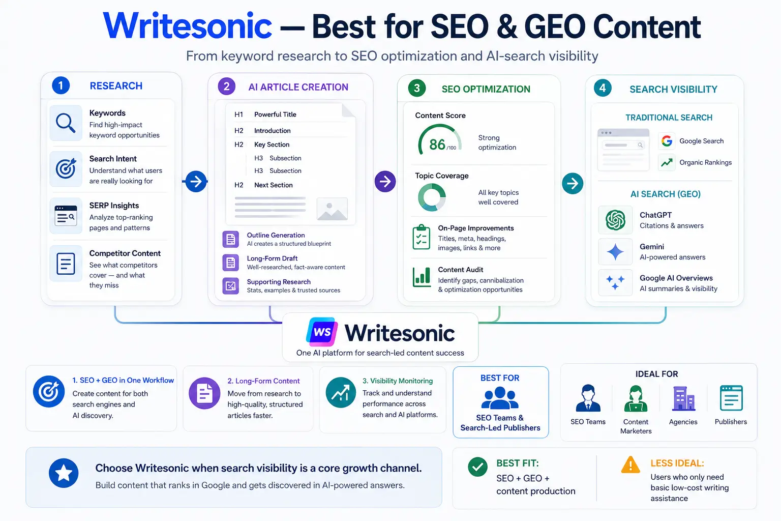 Writesonic SEO and GEO workflow from keyword research and AI article creation to Google and AI search visibility
